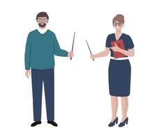 Woman with pointer and man with pointer. School teacher characters. Isolated on white background vector illustration.