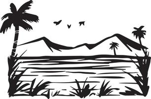 black and white line art a river landscape with lots of trees, mountains and some flying birds vector