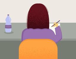 Girl sitting at the table. Rear view of student, pupil or business woman. Vector illustration