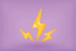 Power 3d vector icon, flash of yellow lightning. Minimal cartoon rendering illustration of bolt on purple background