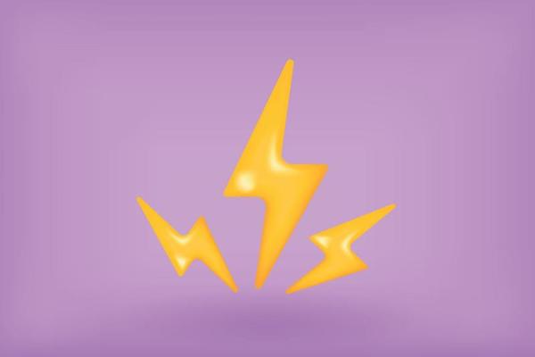 Power 3d vector icon, flash of yellow lightning. Minimal cartoon rendering illustration of bolt on purple background