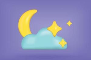 Luna creciente 3d, estrellas doradas y nubes aisladas en fondo púrpura. sueño, canción de cuna, diseño de fondo de sueños. representación 3d ilustración vectorial vector