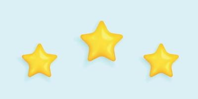 Three yellow 3d glossy stars. Achievements, customer rating feedback. Vector realistic illustration