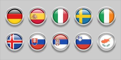 Europe Round Flags Set Collection 3D round flag, badge flag, Cyprus, Ireland, Slovakia, Iceland, Slovenia, Serbia, Italy, Spain, Germany, Sweden vector