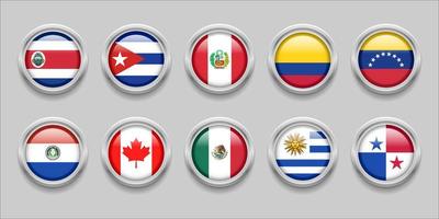 América continente banderas conjunto colección 3d bandera redonda, bandera insignia, costa rica, cuba, méjico, canadá, colombia, panamá, paraguay, perú, uruguay, venezuela vector
