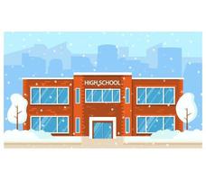 Winter high school building.Education concept.Vector flat illustration. vector