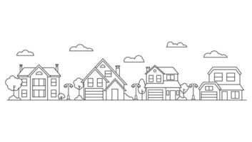 Small town neighborhood. Outline vector illustration.Residential houses.Suburban village.Cottage buildings facade and street lamps. Isolated on white background.