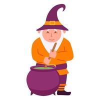 Halloween gnome character .Wizard is brewing a potion in a cauldron.Isolated on white background.Vector flat illustration. vector
