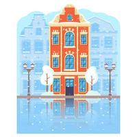 Winter cityscape in snow Amsterdam.Christmas town building.European city ancient architecture.Reflection of houses in river.Vector flat illustration.