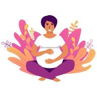 Pregnant woman makes yoga.Concept for yoga character meditation. Lotus pose girl.Isolated on white background. Vector flat illustration.