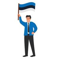 hombre que agita la bandera de estonia. mano alegre del tipo que sostiene la bandera de estonia. ilustración plana del vector de la historieta del carácter. aislado sobre fondo blanco.