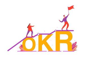 OKR. Objectives and key results.Business concept.The guy is waving the flag.Girl climbs.Business concept.Teamwork of people.Isolated on white background. vector