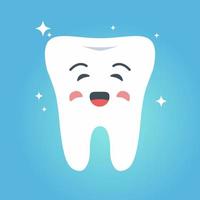 Cartoon smiling tooth.Healthy tooth icon.Oral dental hygiene.Vector flat illustration.Oral care.Isolated on a blue background. vector