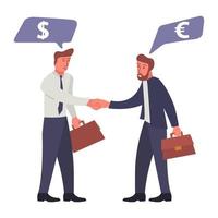 Successful business deal. Business negotiations b2b.Speech bubble with dollar and euro signs. Cartoon characters with a briefcase and in a shirt and tie.Vector flat illustration.Business-to-business. vector