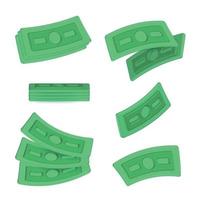 Realistic 3D money set. Collection of green dollars isolated on white background. Twisted paper bills and stack of currency banknotes. Business and finance object. Vector illustration.