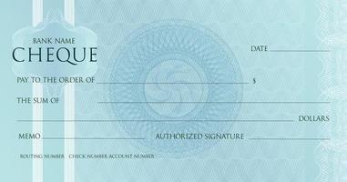 Money Check template, Chequebook paper. Blank blue business bank cheque with guilloche pattern rosette and abstract watermark. Vector Background for voucher design, gift certificate, ticket, coupon.