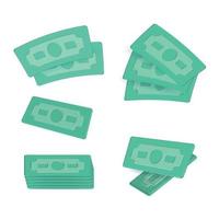 Set of 3D dollars USA. Render green paper pack of money, stack of bancknotes. Paper dollar banknote isolated on white background. Vector cartoon illustration