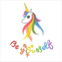 Watercolor hand drawn vactor cartoon unicorn in LGBTQ rainbow flag colors on white background with text Be yourself containing transgender symbols. Can be used for banners. vector