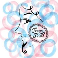 Vector illustration of a beautiful transgender person with big eyes, long eyelashes, curly hair and beard smiling proudly and wearing earrings with text Trans Pride on light blue and pink background.