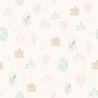 Seamless hand drawn pattern with combinations of leaves, vines and fruits in pink, green, cyan, brown on light background. Can be used as for the gift boxes, wallpapers, cloth and backgrounds. vector