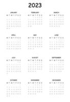 2023 año calendario. calendario para 2023 sobre fondo blanco para organización y negocios. la semana empieza el lunes. plantilla de calendario anual 2023. diseño de calendario en colores blanco y negro. vector