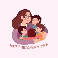 The first teacher enveloped the children with love, care and understanding. Vector flat illustration creative graphic design.