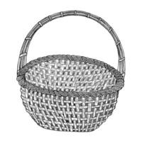 Hand-drawn empty wicker picnic basket, bread. A black and white basket with a handle made of branches. The object is highlighted on a white background. vector