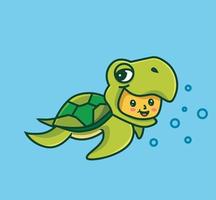 lindo disfraz de tortuga bebé nadando burbujas. ilustración aislada del concepto de naturaleza animal de dibujos animados. estilo plano adecuado para el vector de logotipo premium de diseño de icono de etiqueta. personaje mascota