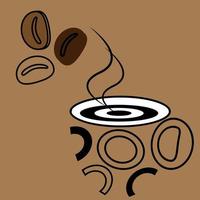 Coffee beans and Abstract stylized cup with streams of steam. Abstract background. Line Art. vector