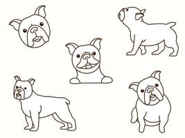 lindo personaje de perro de raza bulldog francés. los perros están parados en diferentes poses. conjunto de iconos de vector de línea de diseño plano