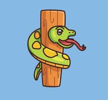 cute snake on tree trunk wood. cartoon animal nature concept Isolated illustration. Flat Style suitable for Sticker Icon Design Premium Logo vector. Mascot Character vector