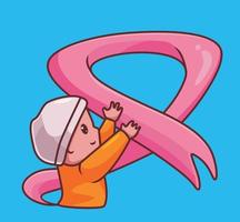 mujer con cáncer de mama con cinta rosa. ilustración aislada del concepto de cáncer de mujer de dibujos animados. estilo plano adecuado para el diseño de iconos de pegatinas vector de logotipo premium