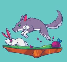 un lobo cazando un conejo. ilustración de animales aislados. vector premium de icono de etiqueta de estilo plano