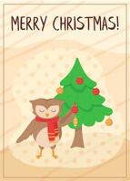 Cute owl decorating christmas tree card. Vector illustration isolated on white background in flat cartoon style