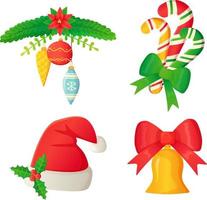 Christmas elements set Candy cane Christmas hat tree branch ornate balls bows and holly. vector