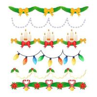 Christmas ornate garland set. Fir branch with christmas balls, bows, candles, electric lights. vector