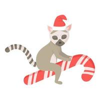 Cute lemur with Christmas hat on candy cane. vector