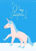 divertida tarjeta de felicitación navideña unicornio patinaje sobre hielo. ilustración vectorial de stock aislada en un fondo blanco en estilo de dibujos animados planos vector