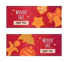 Cute cozy christmas gingerbread banners with red plaid background set in realistic cartoon style Premium Vector. vector