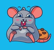 lindo ratón de dibujos animados comiendo una galleta. vector de ilustración animal de dibujos animados aislado