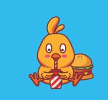 lindos pollitos hambrientos comiendo hamburguesa con queso y bebiendo refrescos de cola. animal plana caricatura estilo ilustración icono premium vector logo mascota adecuado para diseño web banner carácter