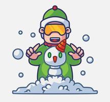 un hombre lindo crea un muñeco de nieve. ilustración de navidad de persona de dibujos animados aislado. estilo plano adecuado para el vector de logotipo premium de diseño de icono de etiqueta. personaje mascota