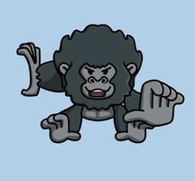 lindo bebé joven gorila saltando rápido mono mono negro sosteniendo una rama de árbol. animal aislado dibujos animados estilo plano icono ilustración premium vector logo pegatina mascota