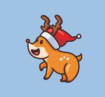 lindo ciervo con sombrero. ilustración de navidad de animales de dibujos animados aislados. estilo plano adecuado para el vector de logotipo premium de diseño de icono de etiqueta. personaje mascota