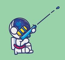 lindo astronauta jugando pistola de agua. dibujos animados viajes vacaciones vacaciones verano concepto aislado ilustración. estilo plano adecuado para el vector de logotipo premium de diseño de icono de etiqueta. personaje mascota