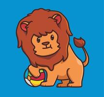 lindo león jugando a la pelota de colores. dibujos animados animales viajes vacaciones vacaciones verano concepto aislado ilustración. estilo plano adecuado para el vector de logotipo premium de diseño de icono de etiqueta. personaje mascota