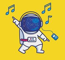 lindo astronauta escuchando música desde un teléfono inteligente. ilustración aislada del concepto de tecnología de persona de dibujos animados. estilo plano adecuado para el diseño de iconos de pegatinas vector de logotipo premium