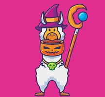 lindo mago de alpaca sosteniendo un tazón de calabaza. ilustración aislada del concepto de evento de halloween animal de dibujos animados. estilo plano adecuado para el vector de logotipo premium de diseño de icono de etiqueta. personaje mascota