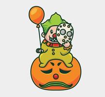 lindo payaso sosteniendo un globo en una calabaza gigante. ilustración de halloween de animales de dibujos animados aislados. estilo plano adecuado para el vector de logotipo premium de diseño de icono de etiqueta. personaje mascota