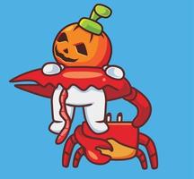 Bonito disfraz de cangrejo gigante mata a la calabaza. ilustración de halloween de dibujos animados aislados. estilo plano adecuado para el vector de logotipo premium de diseño de icono de etiqueta. personaje mascota